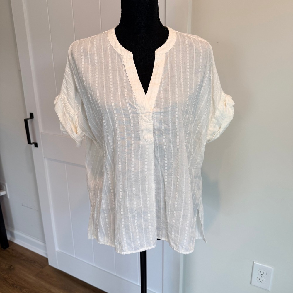 Madewell Cotton White Textured Stripe Short Sleeve V-Neck Blouse Top Small‎